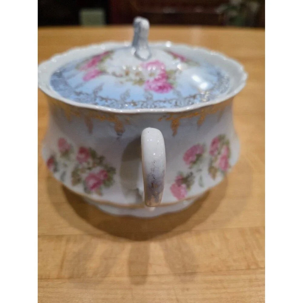 Antique Elbogen Austria Porcelain Sugar Bowl Pink Roses Gold Gilt Vanity Dish